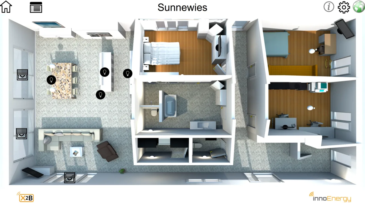 Visualizzazione di una casa in X2B: planimetria con luce e ombreggiamento.